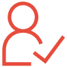 A red and black icon of a person with a check mark.